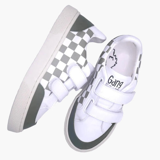 baskets vegan enfant damier kaki, modèle Farfadet - vue haut et côté