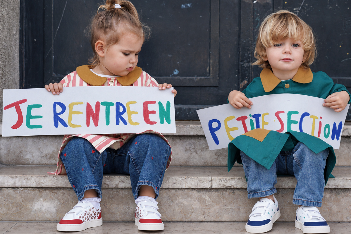 Deux enfants portant des baskets vegan Gang of Monsters, assis sur des marches